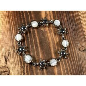 Vintage Moonstone Turtle Link Bracelet Silver Tone Magnetic Clasp 7.5”